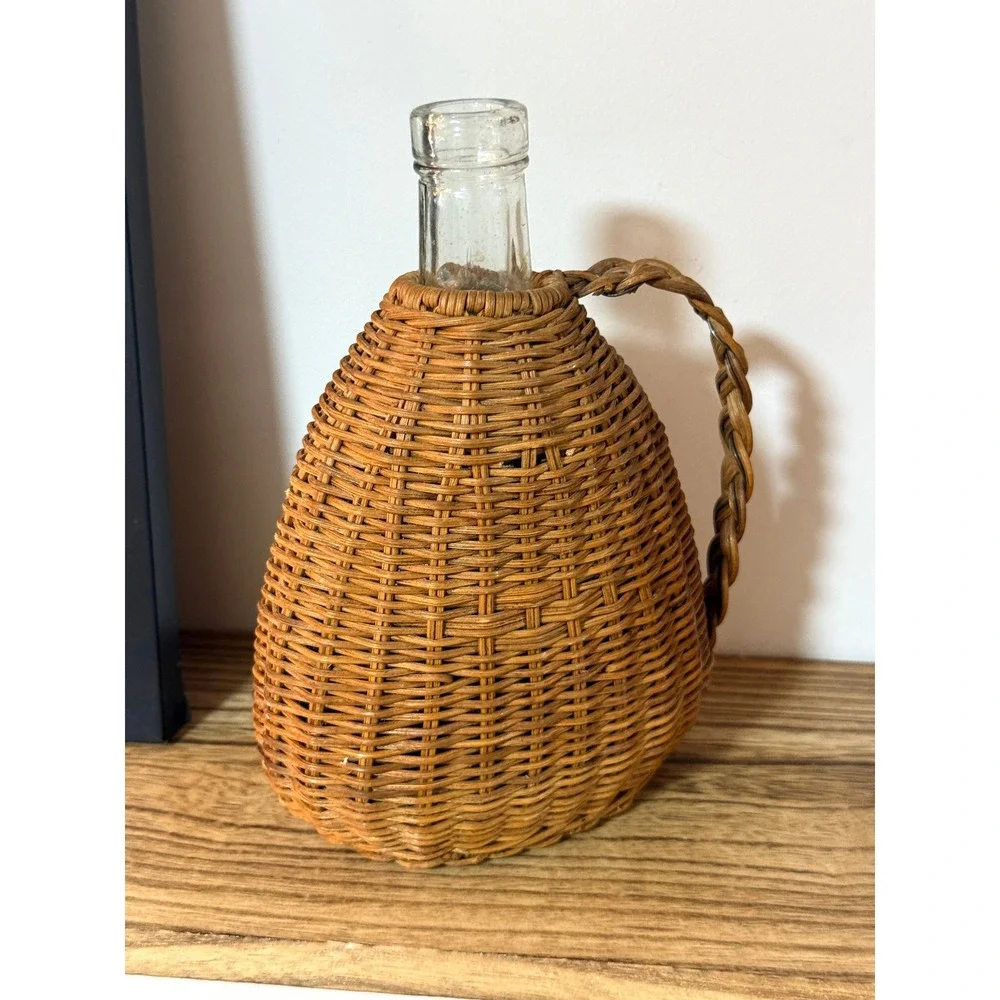 Vintage Wicker Wrapped Glass Demijohn Bottle Jug Vase Decanter Rustic Boho Decor